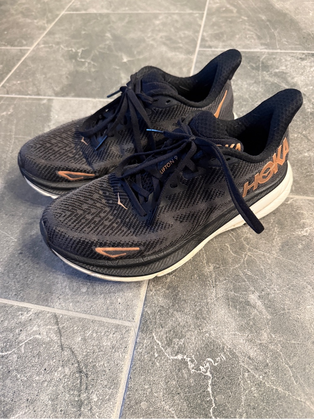 Hoka Women's Black and Rose Gold Running Shoes